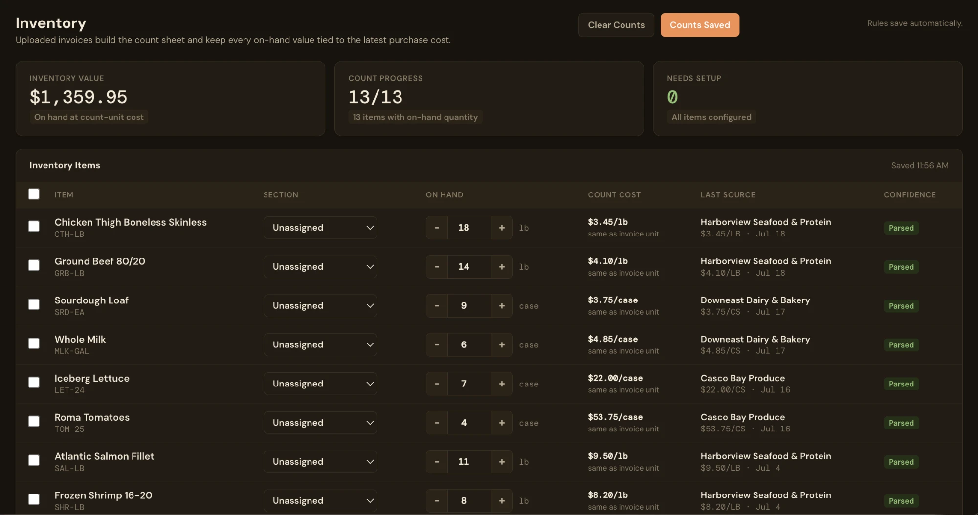 LineSweep inventory screen with count units, on-hand quantities, and cost per unit