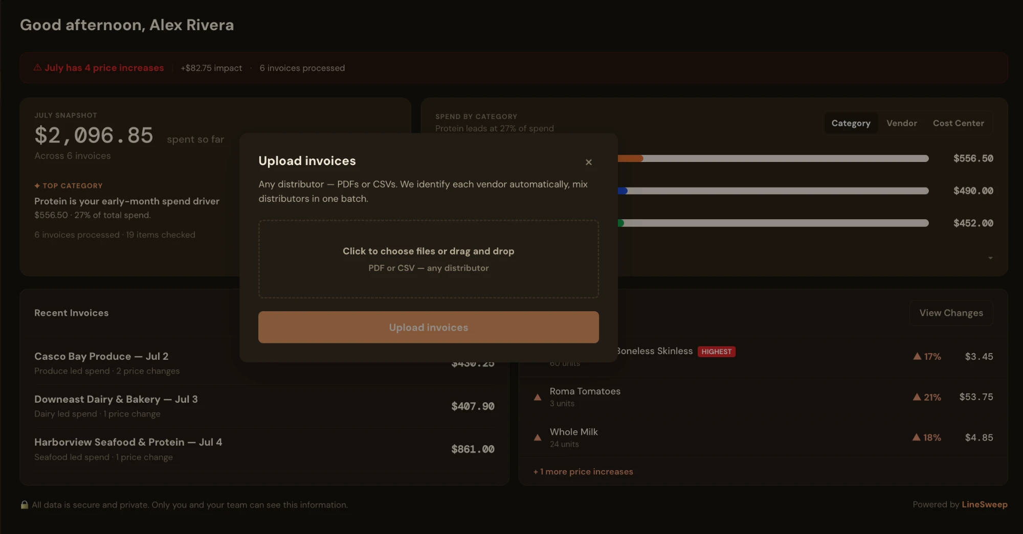 LineSweep upload invoices modal with a drag-and-drop zone accepting PDF or CSV files